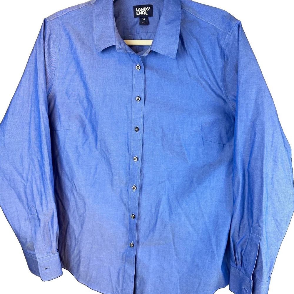 Lands' End Women's 16 Blue Non-Iron Oxford Dress Shirt, Solid Cotton